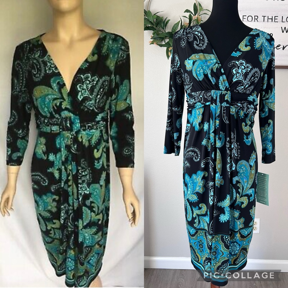 Jones Wear Black Paisley Print Jersey V-Neck 3/4 Sleeve Dress US Size 14